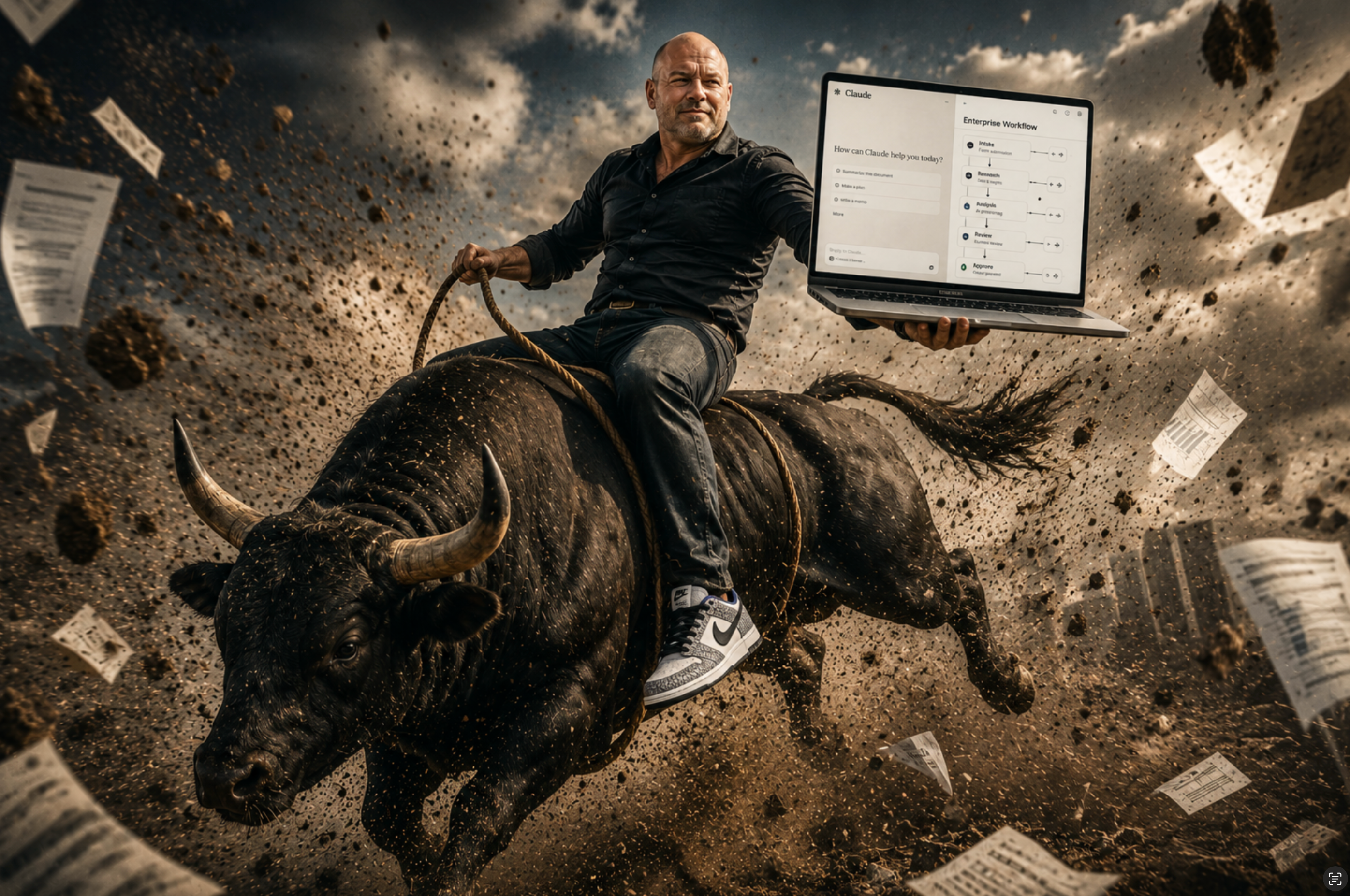 Lou Barkan riding a charging bull while holding a laptop showing a Claude enterprise workflow, papers flying