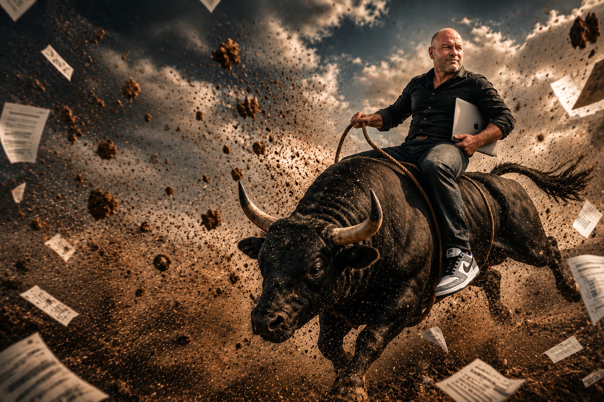 Lou Barkan riding a charging bull with a laptop tucked under his arm, dust and papers flying